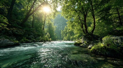 Obraz premium A serene river flows through a lush forest, sunlight streaming through the trees, creating a tranquil atmosphere. Perfect for nature lovers and environmental themes.