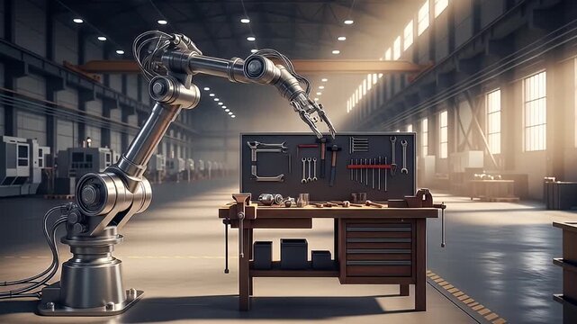 Advanced robotic arm in a well-lit workshop, surrounded by tools and machinery, showcasing automation