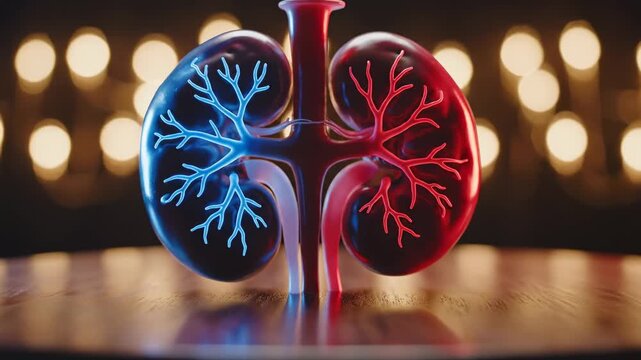 Artistic depiction of human kidneys with glowing veins and arteries.
