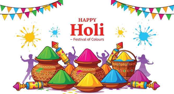 Happy Holi Festival India Graphic &ndash; Gulal Powders, Pichkaris, Baskets, Dancing Silhouettes, and Festive Flags