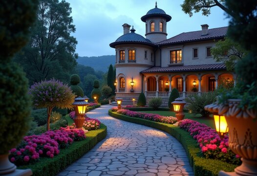 Lush Italianate Villa with Belvedere Tower Surrounded by Vibrant Gardens Overflowing with Colorful Flora