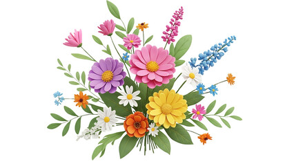 Vibrant floral bouquet with assorted flowers and lush greenery on transparent background