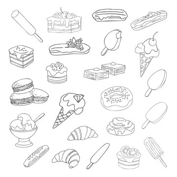 Vector set. Food illustrations. Sweets, cakes, ice cream, donuts, macarons, berry cakes, sweet pastries. Doodle elements for design