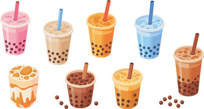 Flat isometric illustration of colorful bubble tea cups with tapioca pearls, assorted boba drinks set isolated background