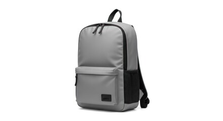 Grey urban backpack on white background with black accents and a small front pocket