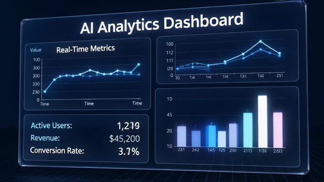 Digital analytics dashboard showcasing real-time metrics and colorful charts on a dark screen.