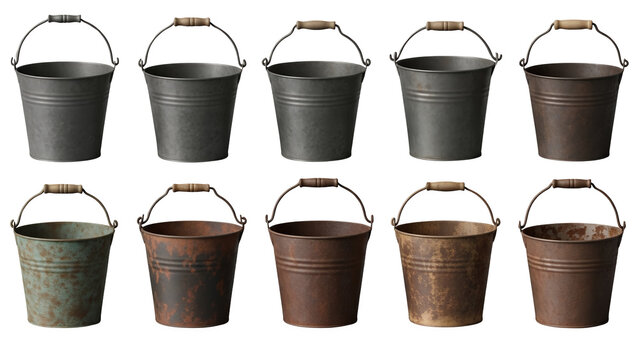Collection of metal buckets with handles in various rusty and metallic states on transparent background