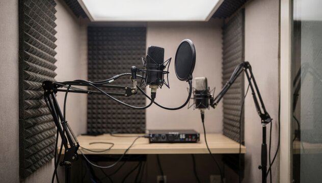 Medium shot of wiring and mounting professional microphones in a small voiceover booth set up in an office nook capturing detail on equipment setup.