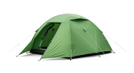 Isolated, vibrant green dome tent, door open, with stakes, ready for outdoor adventure