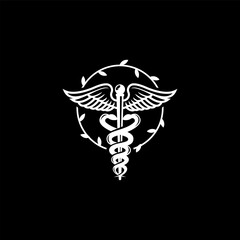 Caduceus symbol with wings and intertwined snakes in a circular wreath.