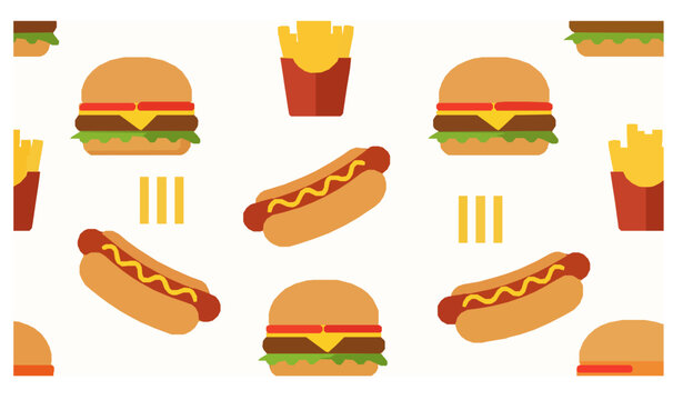 Fast Food Seamless Pattern with Burger Hot Dog and Fries