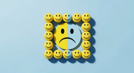 Smiling faces surround a mixed-mood circle on a blue backdrop, depicting conflicting emotions