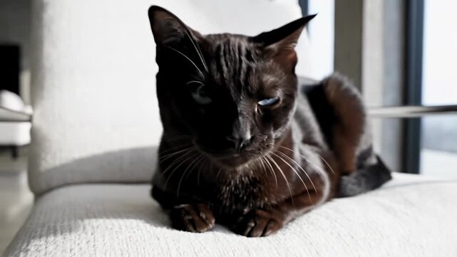 Elegant Black Cat Relaxing on a White Modern Chair.