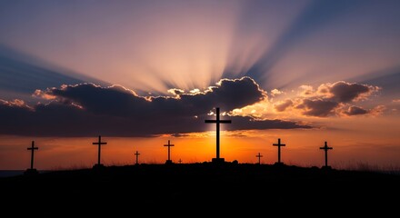 Three Crosses on Hill at Dramatic Sunrise Easter Christian Resurrection Background with Light Rays and Cloudy Sky Spiritual Holiday Concept for Faith and Worship Design