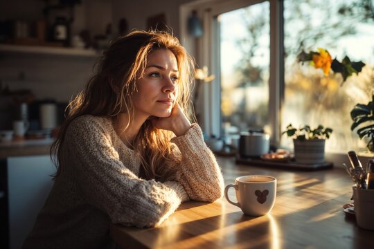 romantic dreamy woman drinking tea alone by the window on spring day