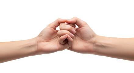 Two hands clasped together, forming a fist, on a plain white background
