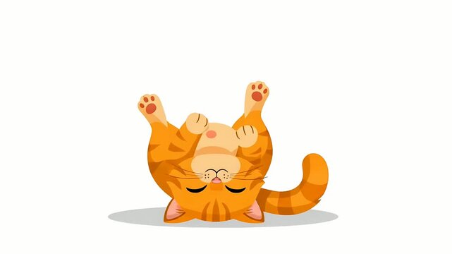 Charming cartoon illustration of a cute orange tabby cat lounging upside down, paws up in the air, depicting a relaxed and playful feline character on a bright white backdrop