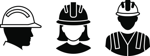 Three construction worker silhouettes wearing different hard hats