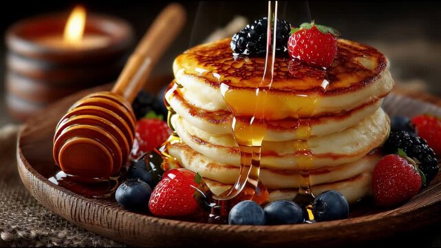 pancakes with honey and berries