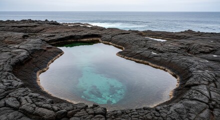 Volcanic rock pool with clear turquoise water, ocean backdrop, moody sky