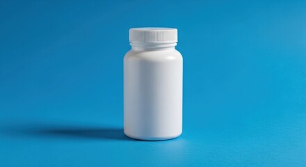 White medicine bottle centered against a vibrant blue backdrop, casting a subtle shadow