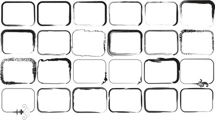 Set of black grunge textured rectangular borders and distressed frame design elements isolated