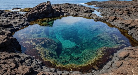 Vivid natural pool, turquoise water, basalt rocks, ocean backdrop, sunny day