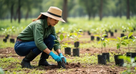 Woman planting sapling in field; surrounded by others; wearing hat, gloves, & boots