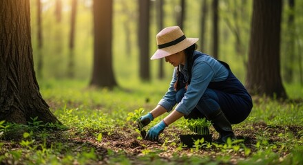 Woman in a straw hat plants seedlings in a lush, sun-dappled forest setting