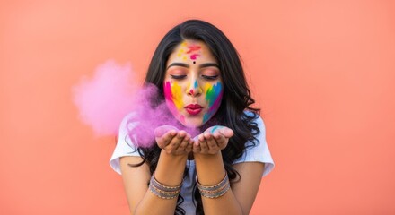 Woman with face paint blowing pink powder from her hands against a coral background
