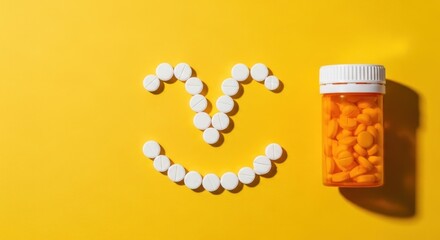 Yellow background with a pill-made smile next to an orange pill bottle
