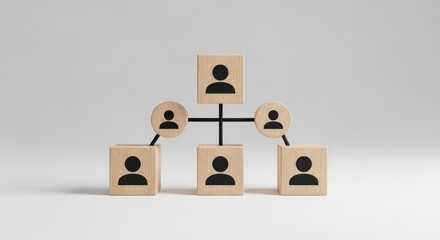 Wooden blocks with person icons arranged as an organizational chart on a white background