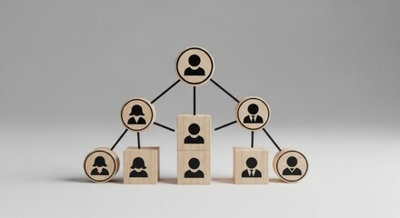 Wooden blocks and circles connected to form a hierarchy diagram, illustrating an organizational structure