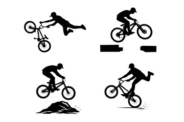 Naklejka premium Set of black cyclist silhouettes doing BMX and mountain bike tricks: jump over obstacles, wheelie, airborne stunt and dirt trail ride. Clean extreme sport icons for posters and apparel.