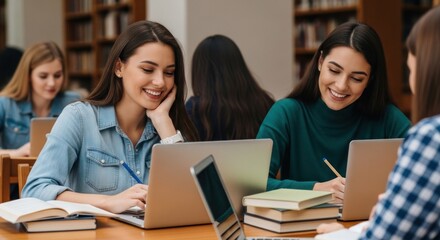 Young women in a library, studying with laptops and books, smiling and collaborating