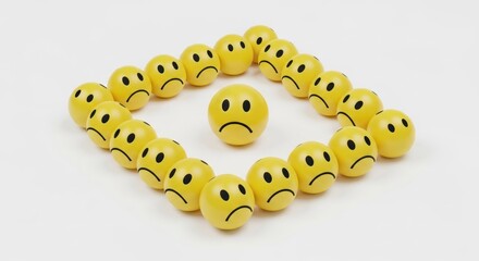 Yellow smiling balls with sad faces form a diamond around one sad face ball
