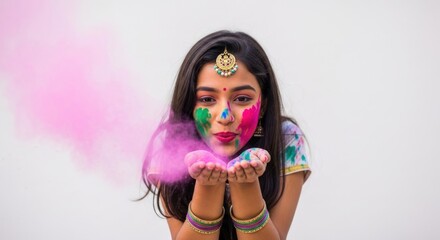 Young woman, adorned with traditional jewelry, blows pink powder from hands