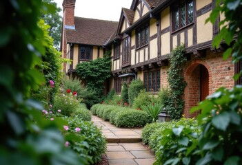 Fototapeta premium Charming Tudor House with Exquisite Timber Framing and Flourishing Herbacious Arrangement