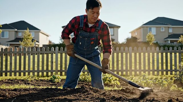 Asian man tilling soil with a hoe in a home garden