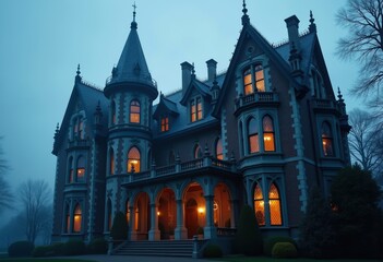 Gothic Revival Mansion Enveloped in Graceful Spires and Pointed Arches, Exquisite Gargoyles Awash in Twilight