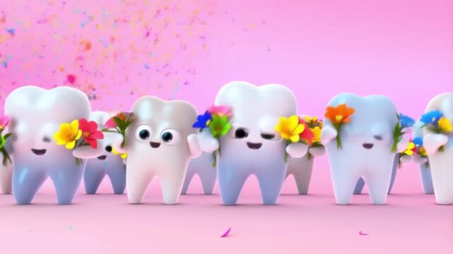 A parade of tooth characters dances with bouquets in a festive line. Energetic 3D animation for dental clinic group celebrations.