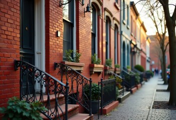 Fototapeta premium Red Brick Townhouse Historic District Iron Railings Charming Architecture Detail Vintage Elegance