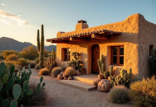 Rustic Mud Brick Adobe House Amidst Lush Cactus Garden in Breathtaking Desert Landscape