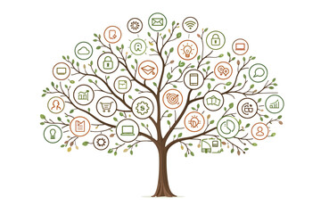 Obraz premium Abstract vector illustration of a seasonal tree design featuring branches with hearts and cherry blossoms, blending nature and art into a symbolic floral environment for spring or summer