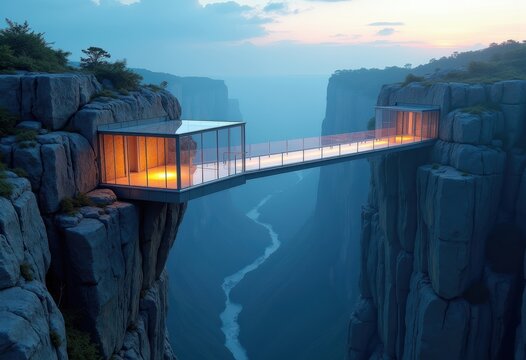 Stunning Glass Walkway Extending Over Dramatic Cliff Edge Thrilling Lookout Point
