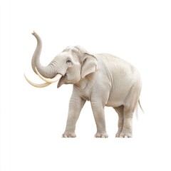 Obraz premium Majestic elephant standing gracefully with trunk raised, showcasing its magnificent features in a bright white background