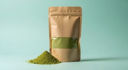 A brown paper bag with green tea leaves spilling out on a light blue background with a green label around the middle of the bag