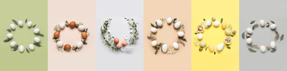 Set of frames made of Easter eggs, leaves and flowers on color background, top view