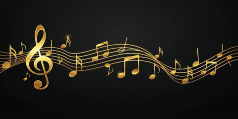 Golden Musical Notes Flowing on Staff with Treble Clef Elegant Black Background for Luxury Music Themes Concert Designs and Creative Melody Projects