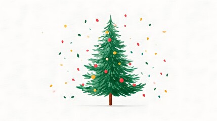 Fototapeta premium Watercolor illust n of a festive green Christmas pine tree adorned with red and yellow baubles surrounded by scattered colorful confetti against a textured off white backdrop evoking holiday cheer